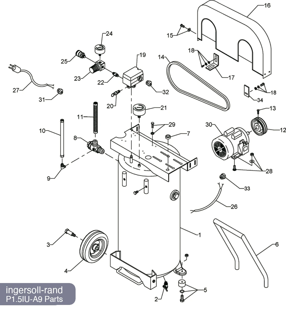 Ingersoll Rand 20 Gal Air Compressor Parts Diagram - P1.5IU-A9 Ingersoll Rand 20 Gal Air Compressor Parts Diagram - P1.5IU-A9
