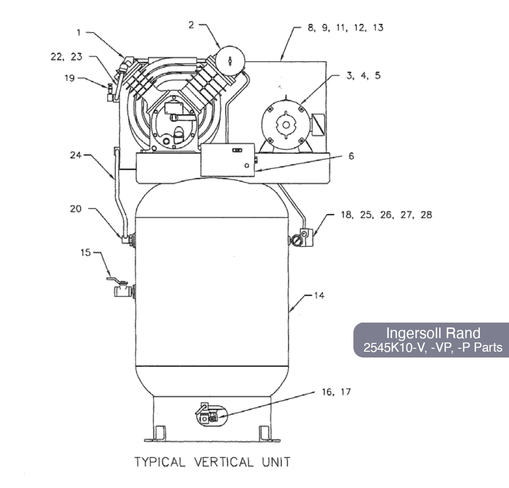 Ingersoll Rand 120 Gal Air Compressor Parts Diagram – 2545K10-V, 2545K10-VP and 2545K10-P