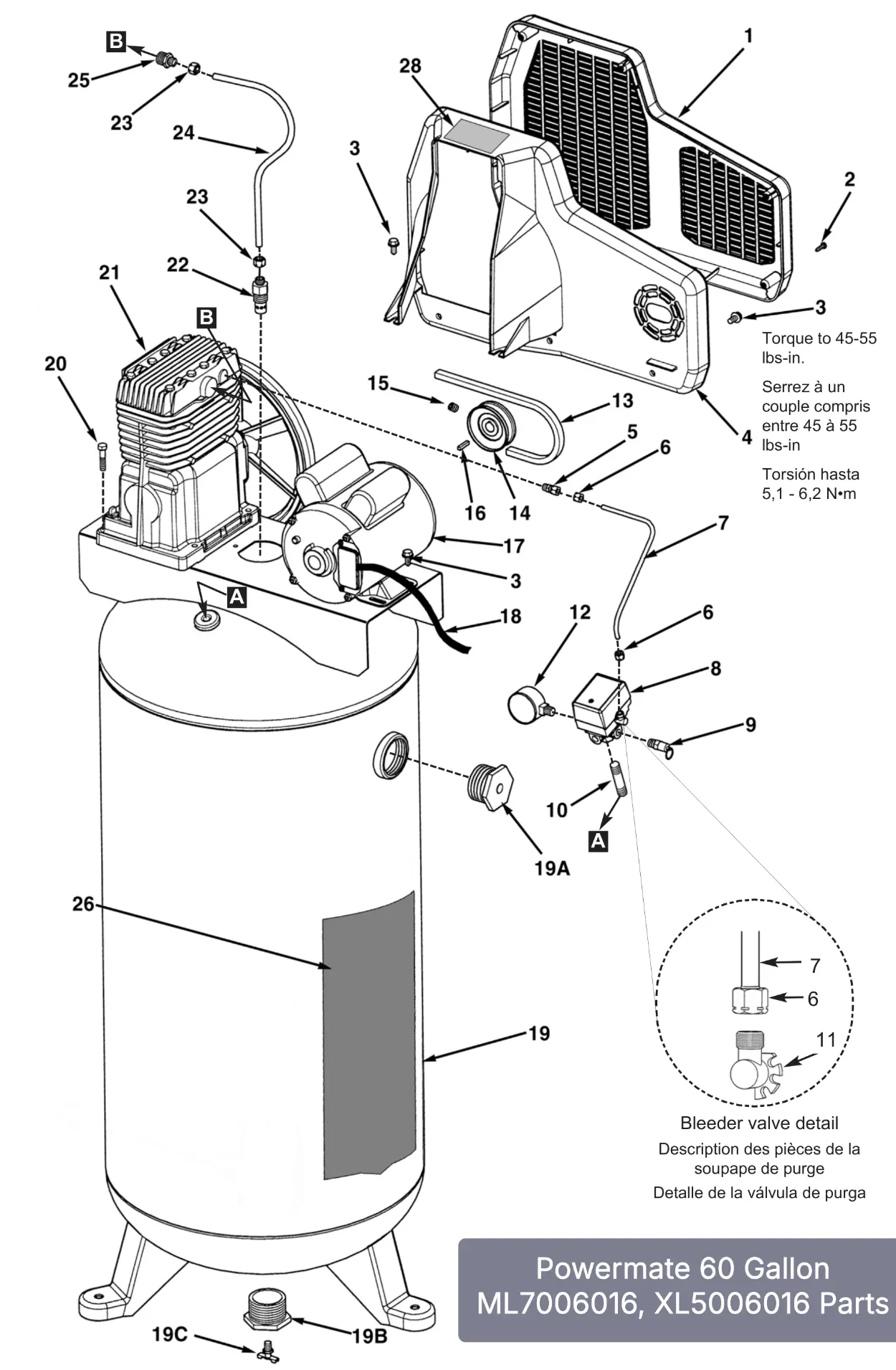 Powermate 60 Gal Air Compressor Parts Diagram - ML7006016, XL5006016, L6506016